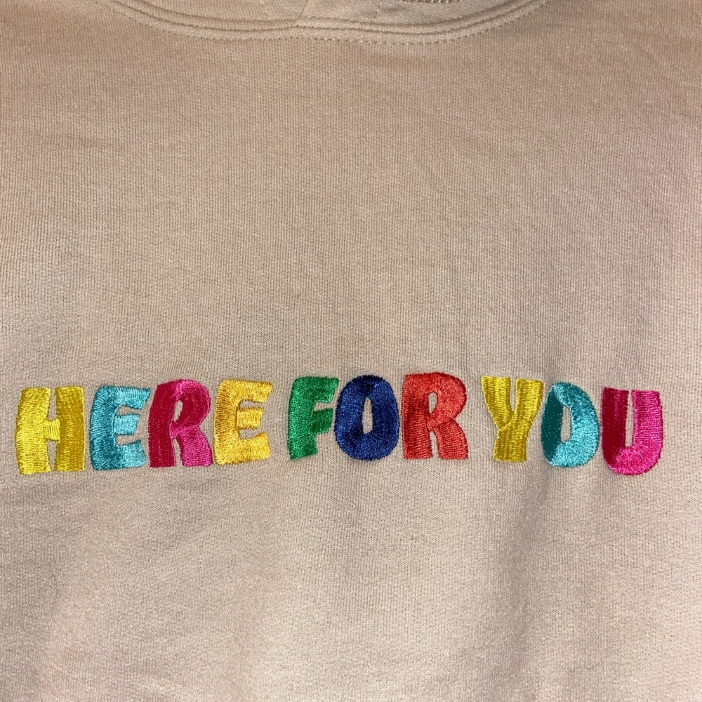 Trendy “Here For You” rainbow embroidered sweatshirt